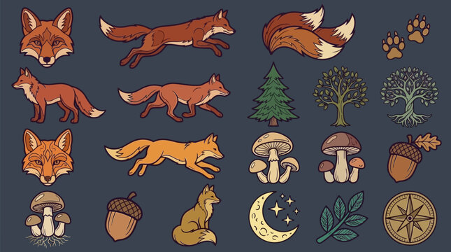 Conjunto de iconos vectoriales de zorros rojos, elementos de bosque, setas, bellotas y s&iacute;mbolos de naturaleza en un estilo de ilustraci&oacute;n plana y lineal sobre fondo oscuro