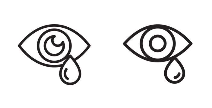 Black outline icons of crying eyes with falling tears Vector