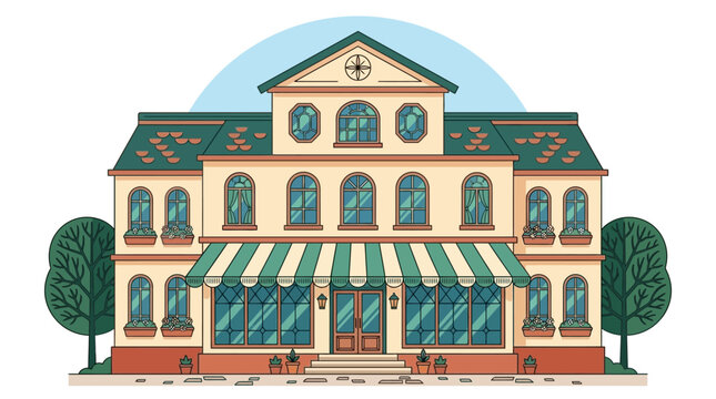 Ilustraci&oacute;n de una tienda o edificio comercial de estilo cl&aacute;sico con toldo a rayas y &aacute;rboles a los lados.