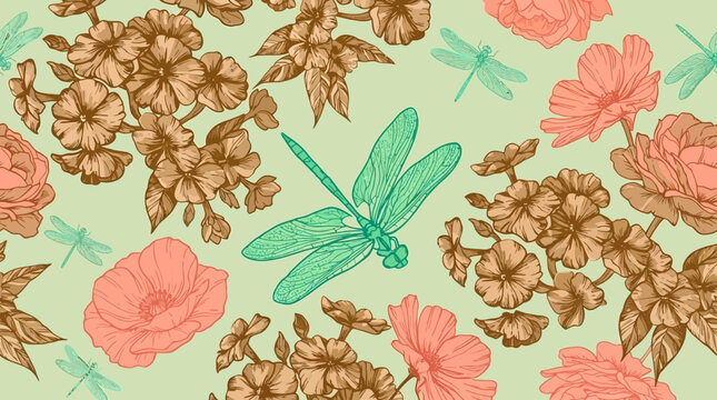 Patr&oacute;n floral vintage con lib&eacute;lulas y flores de estilo boceto sobre fondo verde p&aacute;lido.