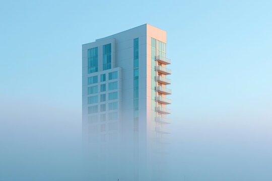 Modern high-rise building with glass windows and balconies against clear blue sky