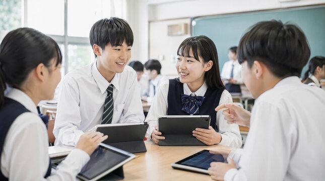 タブレット端末を使って学習する生徒たち（日本人、探究的な学習）　活気ある授業中の教室の中の風景