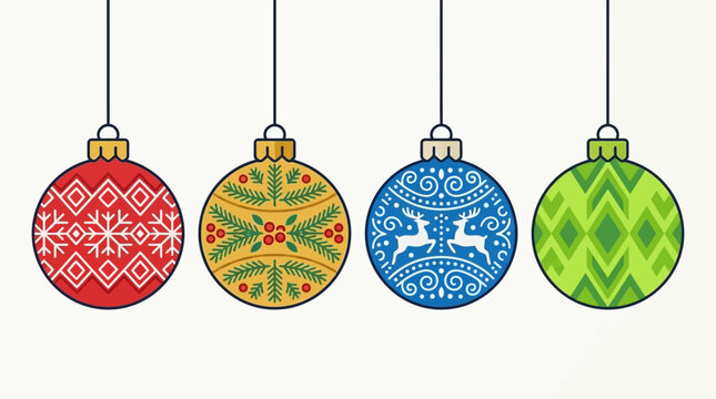 Cuatro adornos navide&ntilde;os colgando sobre un fondo blanco, cada uno con un dise&ntilde;o festivo &uacute;nico y colorido.