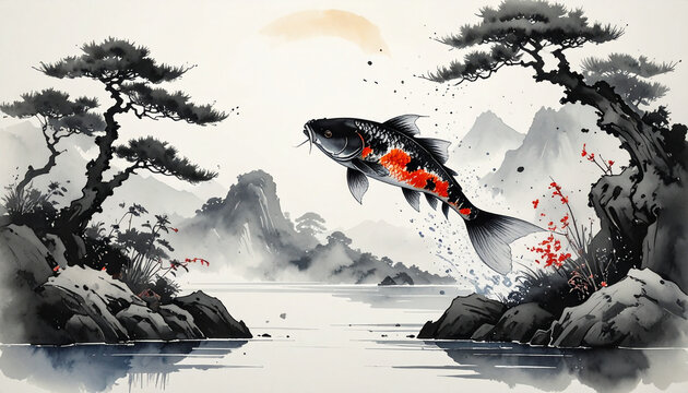 Koi fish jumping watercolor painting