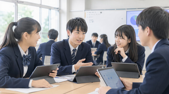タブレット端末を使って学習する生徒たち（日本人、探究的な学習）　活気ある授業中の教室の中の風景