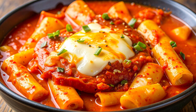 Korean spicy rice cakes dish close up