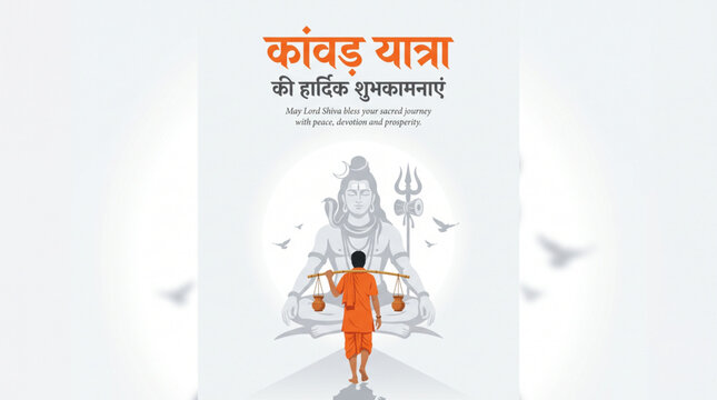 Devout Kanwar Pilgrim Seeking Lord Shiva Blessings for Shravan Festival Greeting Poster