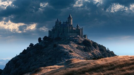 Fototapeta premium Medieval fortress castle atop hill with dramatic cloudy sky during daytime