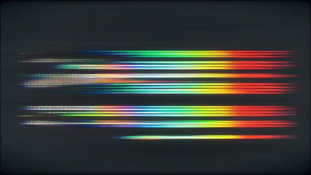 Glitch effect creates colorful horizontal lines on a dark background screen
