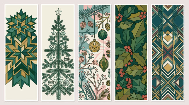 Set von f&uuml;nf vertikalen Weihnachtsbannern mit geometrischen Mustern, einem geschm&uuml;ckten Tannenbaum, festlichen Zweigen, Stechpalmenbl&auml;ttern und abstrakten weihnachtlichen Illustrationen.