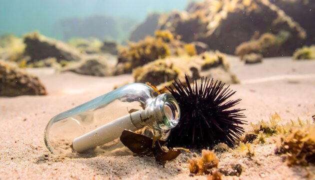 Botella de vidrio en la arena junto a erizo de mar y conchas en escena submarina de playa y naturaleza marina