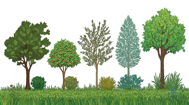 Set di alberi e cespugli illustrati in stile vettoriale su sfondo bianco, con diverse specie di piante verdi, alberi da frutto e arbusti ornamentali disposti su un prato erboso.