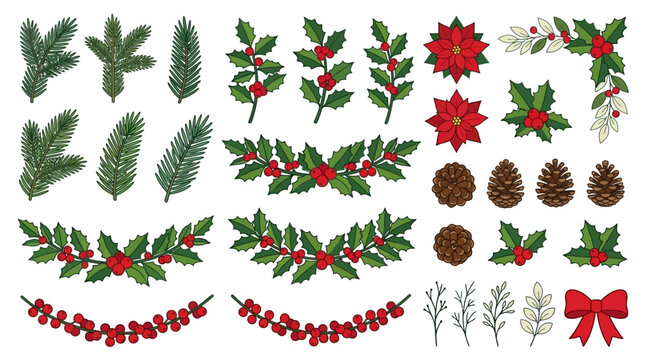 Set von handgezeichneten weihnachtlichen Dekorationselementen mit Tannenzweigen, Stechpalmenbl&auml;ttern, roten Beeren, Weihnachtssternen, Tannenzapfen und einer roten Schleife auf wei&szlig;em Hintergrund