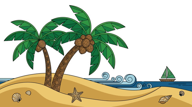 Illustrazione vettoriale di un'isola tropicale con palme, noci di cocco, stelle marine e conchiglie sulla spiaggia dorata con una barca a vela che naviga nel mare blu in stile cartone animato.