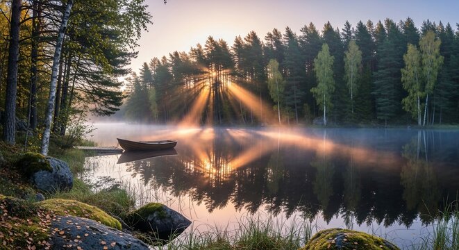 Lake boat sunlight forest