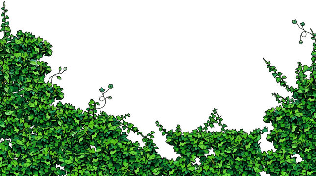 Borde decorativo de hiedra verde exuberante con hojas detalladas sobre un fondo blanco aislado, ideal para marcos naturales y dise&ntilde;os de jardiner&iacute;a bot&aacute;nica.