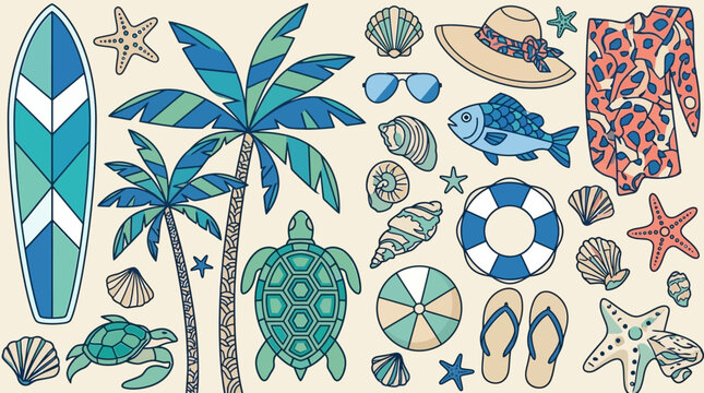 Set di icone estive disegnate a mano con tavola da surf, palme, tartarughe marine, conchiglie, cappello da sole e accessori da spiaggia su sfondo color crema per design vacanzieri.