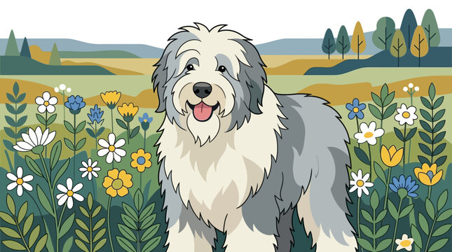 Ilustraci&oacute;n vectorial de un perro pastor ingl&eacute;s antiguo feliz de pie en un prado lleno de flores silvestres coloridas durante un d&iacute;a soleado de primavera en el campo