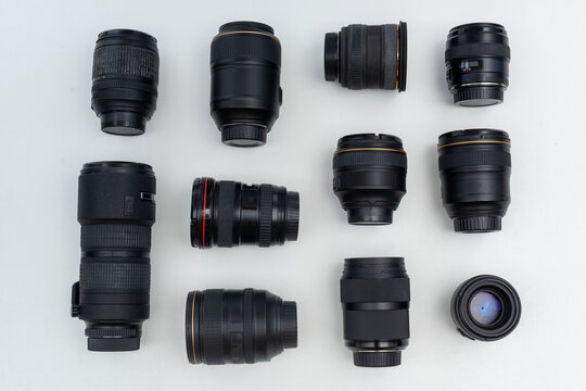 Assorted camera lenses on display