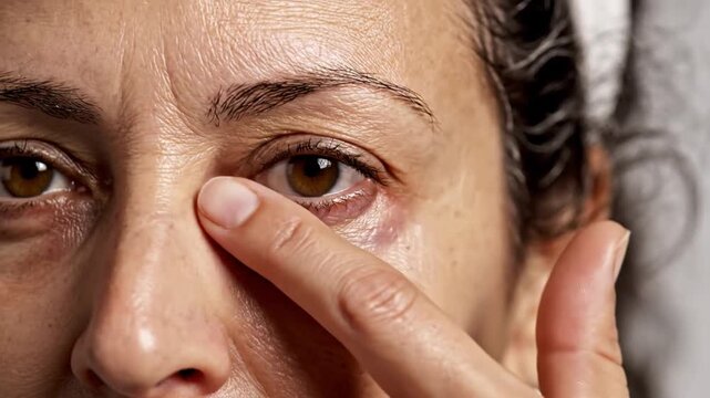Close up of woman with bruised eye pointing finger.