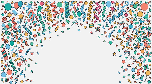 Sfondo festivo con coriandoli colorati, stelle, palloncini e decorazioni per feste disegnati a mano su uno spazio bianco centrale per messaggi di auguri e celebrazioni