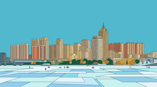 Ilustraci&oacute;n vectorial de un horizonte urbano moderno con rascacielos detallados, edificios residenciales y un primer plano de formas geom&eacute;tricas abstractas en tonos azules y celestes.
