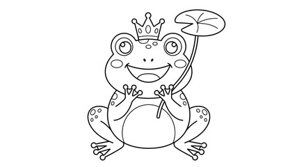Fototapeta premium Frog with crown black line drawing on white background