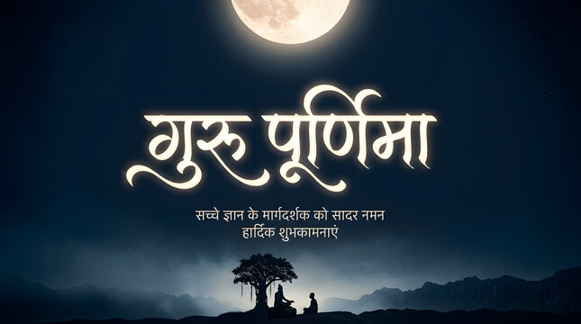 Guru Purnima glowing Hindi typography full moon illustration background wallpaper