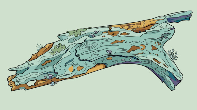Illustrazione artistica di un pezzo di legno galleggiante invecchiato con texture dettagliata, licheni e venature naturali, isolato su uno sfondo color verde pastello tenue.