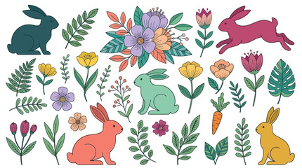 Obraz premium Conjunto de ilustraciones vectoriales planas con conejos coloridos, flores silvestres, hojas tropicales y una zanahoria sobre un fondo blanco, ideal para diseños de Pascua y primavera.