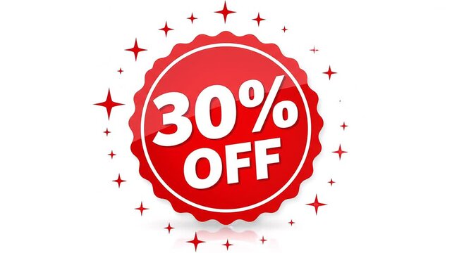 30 Percent Off Discount Sale Badge Animated Motion Graphic on transparent background. 30 Percent Off Red Promo Sticker Animation. Alpha channel 4K