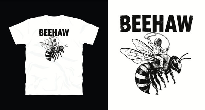 Vintage beekeeper riding a giant honey bee with lasso beehaw pun typography tshirt design.