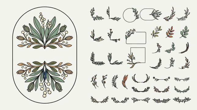 Eine Sammlung von handgezeichneten botanischen Illustrationen mit floralen Rahmen, dekorativen Ecken, Zweigen und Bl&auml;ttern im Vintage-Stil f&uuml;r elegante Hochzeitseinladungen und Designprojekte.