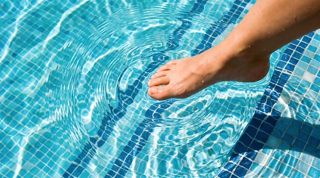 Bare foot touches cool water creating ripples in tiled swimming pool surface on sunny day.