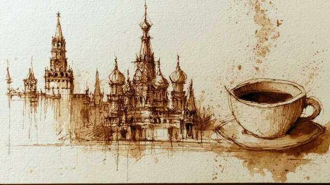 Artistic Sketch of Historic Building with Cup of Coffee on Sketch Paper