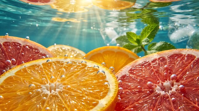 Fresh citrus fruit slices submerged in clear water with mint and ice, refreshing beverage.