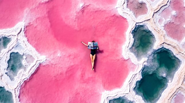 Woman relaxing on pink salt lake reading book, aerial view, unique natural landscape.