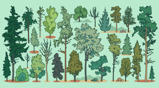 Eine Sammlung von verschiedenen handgezeichneten Baum-Illustrationen im flachen Vektor-Stil, die eine Vielzahl von Nadel- und Laubb&auml;umen auf einem hellgr&uuml;nen Hintergrund zeigt.