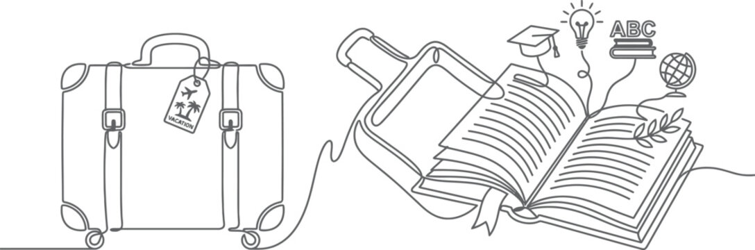 A suitcase with a vacation tag is connected to an open book with a graduation cap and other education symbols.