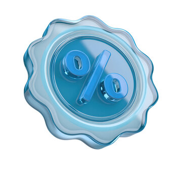 Blue percent sign in glass badge on transparent background
