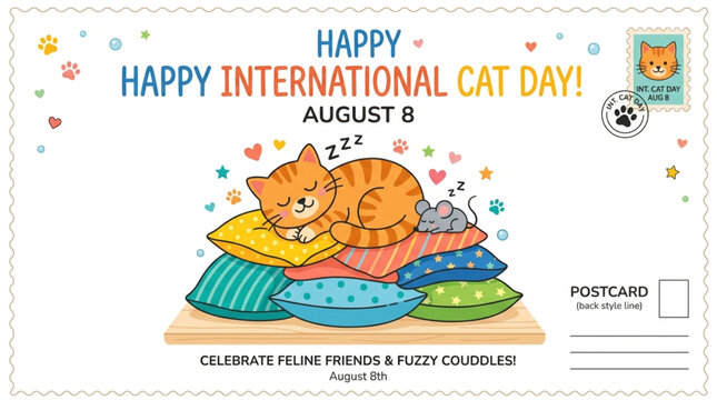 A cute orange tabby cat sleeps soundly on a colorful stack of pillows next to a tiny mouse against a white background celebrating International Cat Day with cheerful confetti