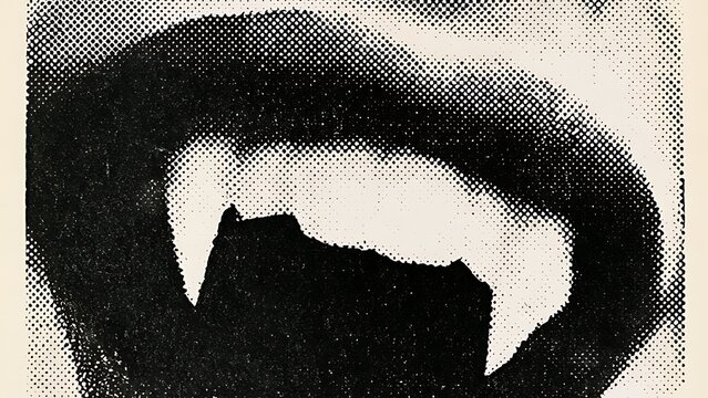 Vampire mouth with sharp fangs in vintage halftone dot print style