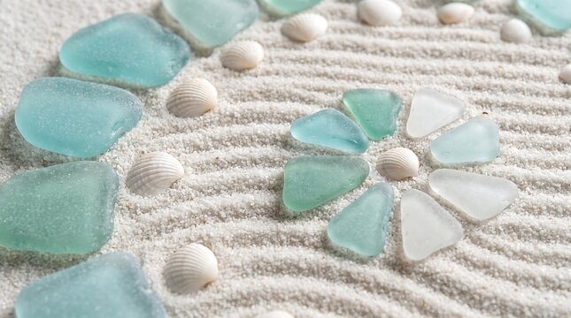 Zen pattern created with sea glass and seashells on white sand for meditation and peaceful mood.