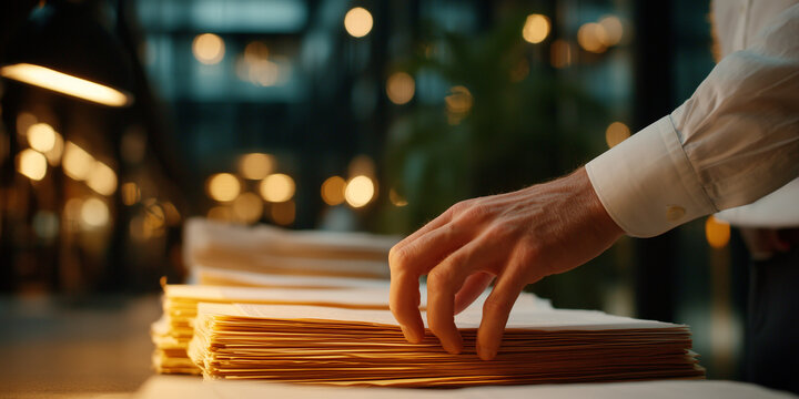Close up of a business professional sorting confidential documents in a modern office environment with a focus on data privacy and security
