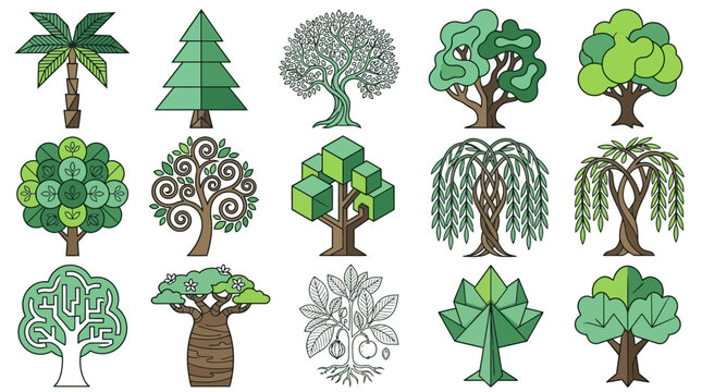 Eine Sammlung von verschiedenen Baum-Icons im flachen Design-Stil, die eine Vielzahl von Baumarten wie Palmen, Tannen und stilisierte Laubb&auml;ume in gr&uuml;nen Farbt&ouml;nen darstellen.