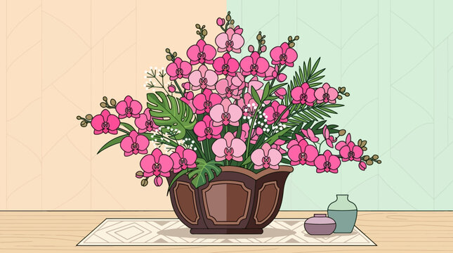 Illustrazione vettoriale di un elegante vaso decorativo contenente un rigoglioso bouquet di orchidee rosa vivaci e foglie tropicali su un tavolo con sfondo geometrico pastello