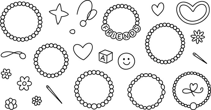 Hand drawn black and white vector set of beaded bracelets with friendship charms and cute doodle elements.