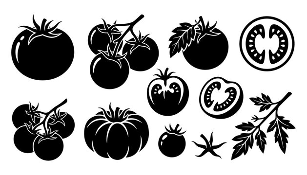 Fresh tomato vector silhouettes set with cherry tomatoes branches and slices
