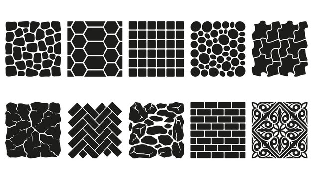 Pavement and wall texture icons set with brick stone and tile patterns