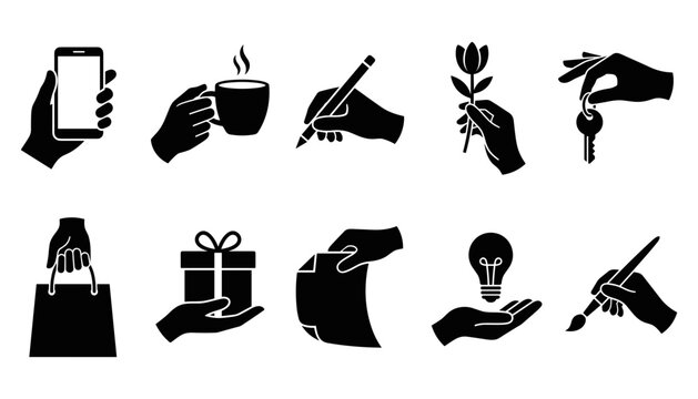 Human hands holding objects icons set with phone coffee cup pen and gift